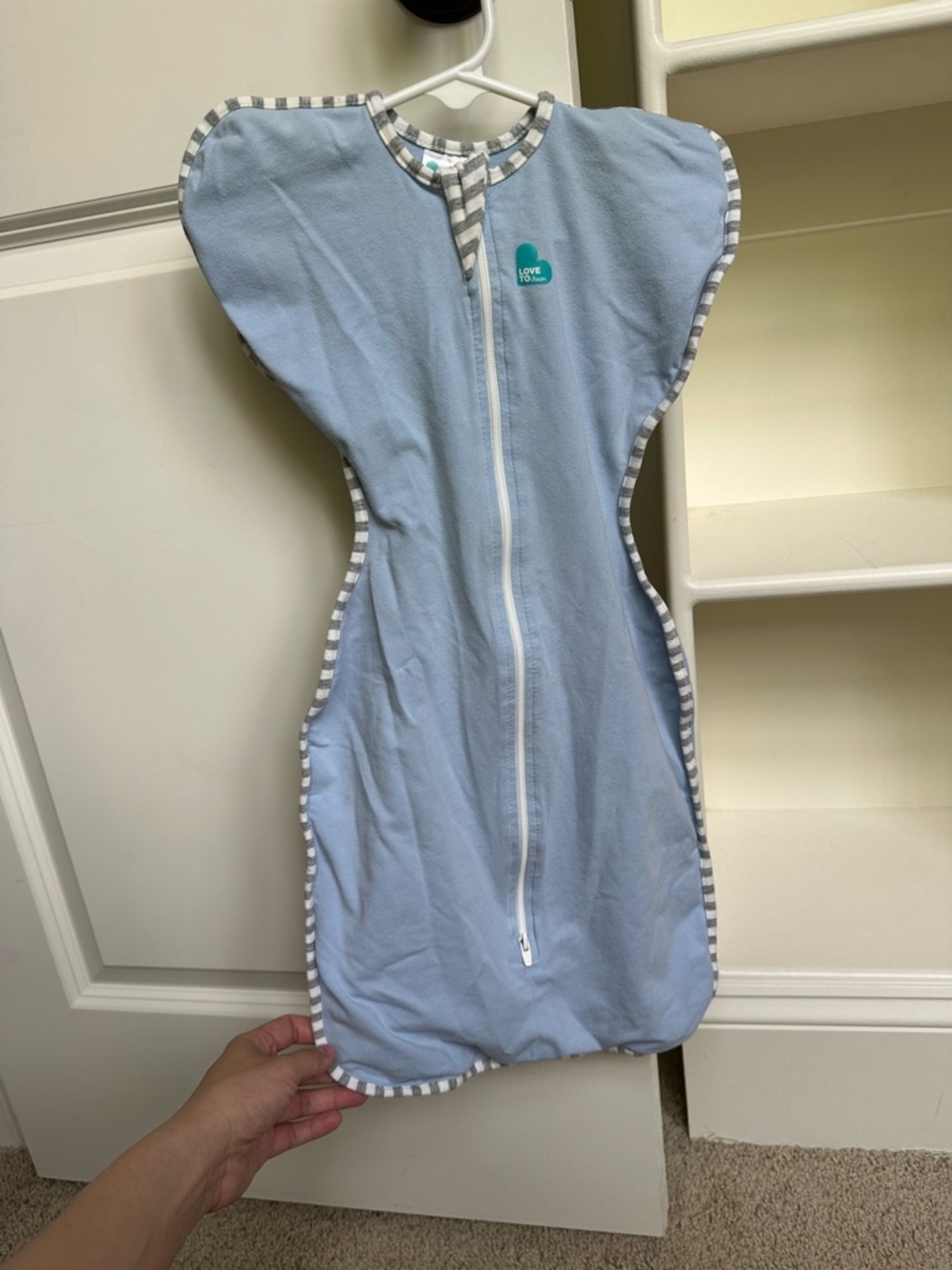 Love to Dream Light Blue Swaddle Sleep Sack with Striped Trim